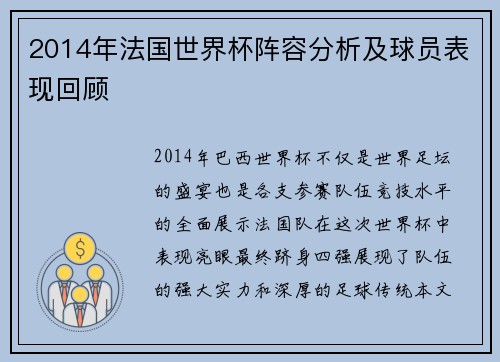 2014年法国世界杯阵容分析及球员表现回顾